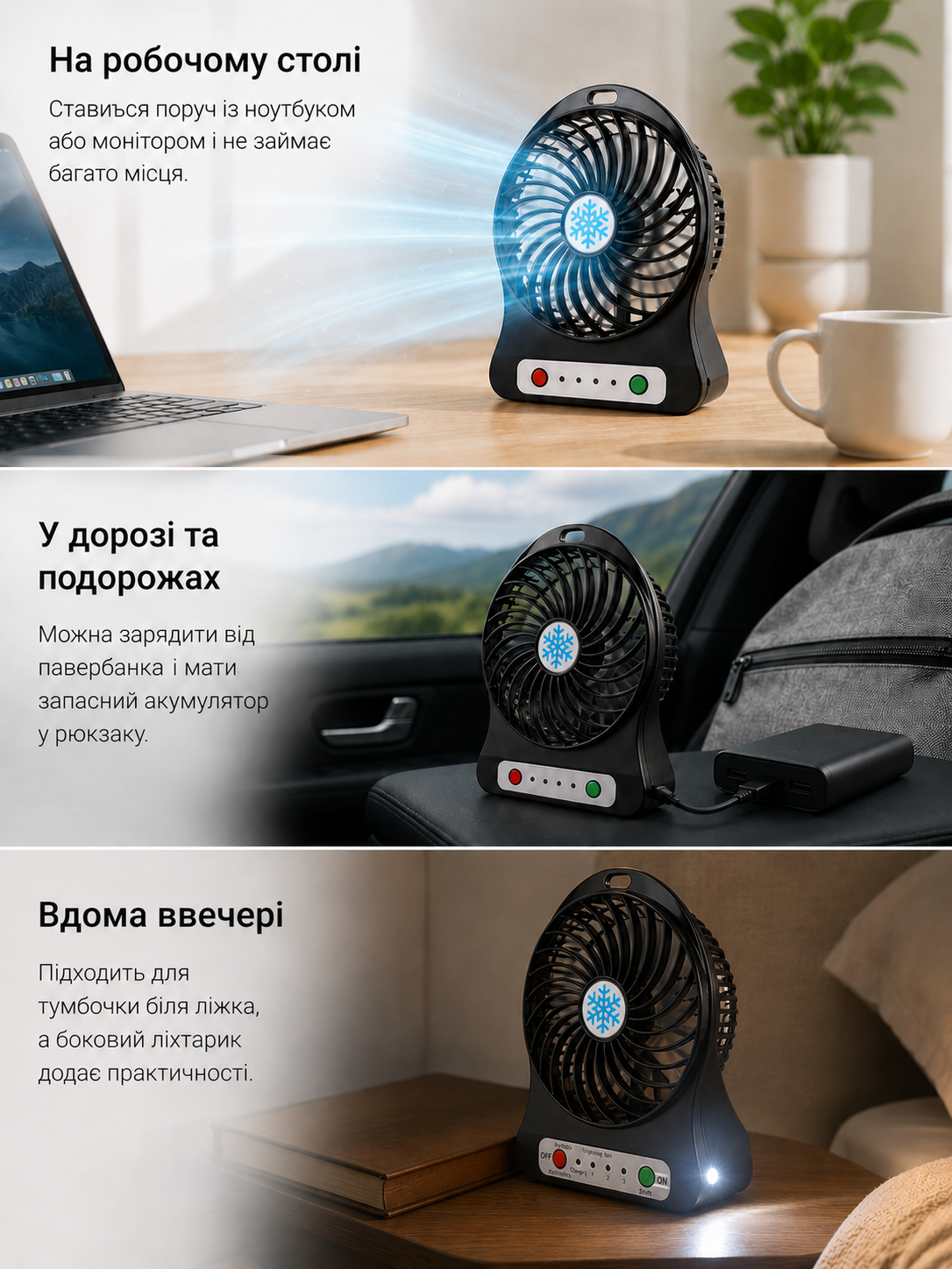 Mini Fan XSFS-01 на робочому столі, у дорозі та вдома ввечері